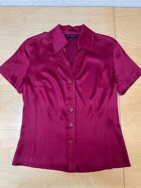 Women's Short Sleeve Context Satin silk Button-Up Blouse - Deep Berry